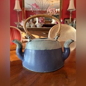 Original Signed Pottery Double-Spouted Teapot Stoneware 2-Tone Blue w Handle